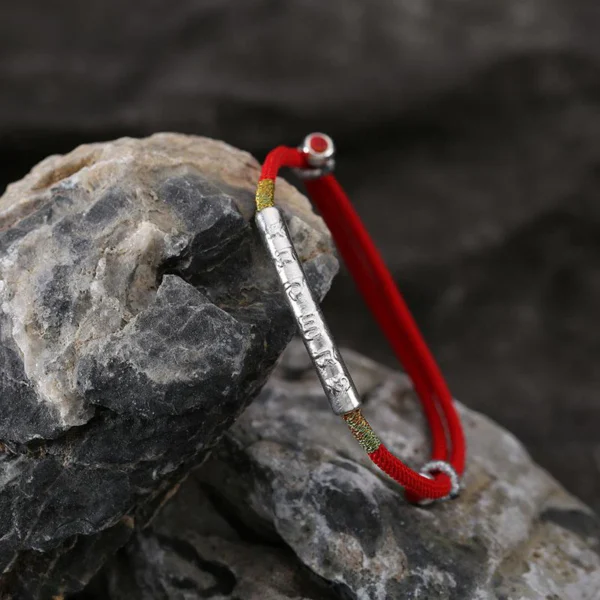 Pure silverTibetan Buddhist handmade lucky red string bracelet with mantra
