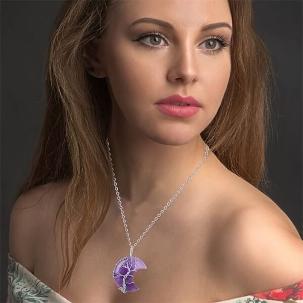 Natural Quartz Crystal Moon Tree of Life Healing Energy Necklace Pendant