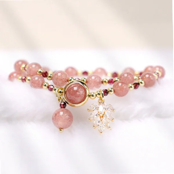 Natural Strawberry Quartz Love Healing Maple Leaf Charm Double Wrap Bracelet