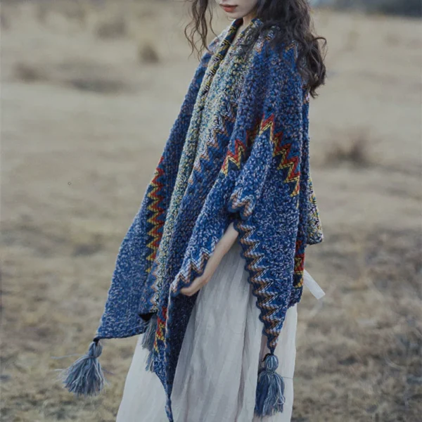 Tibetan Shawl Soft Warm Knitting Cloak Winter Tibetan Tassel Scarf