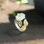 925 Silver Plated Copper White Jade Plum Flower Leaf Luck Ring
