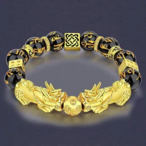 FengShui Double PiXiu Obsidian Om Mani Padme Hum Wealth Bracelet