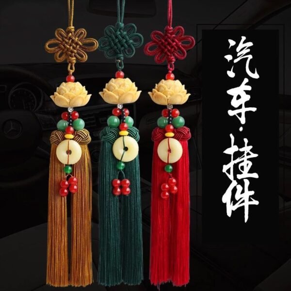 Amulet for peace and safety, Chinese knot lotus flower car rearview mirror pendant with tassel decoration