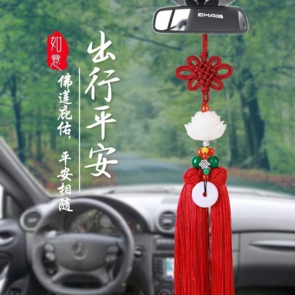 Amulet for peace and safety, Chinese knot lotus flower car rearview mirror pendant with tassel decoration