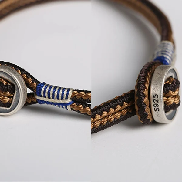 925 Sterling Silver Handmade Button Protection Weave String Bracelet