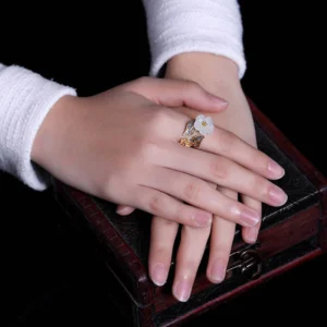 925 Silver Plated Copper White Jade Plum Flower Leaf Luck Ring