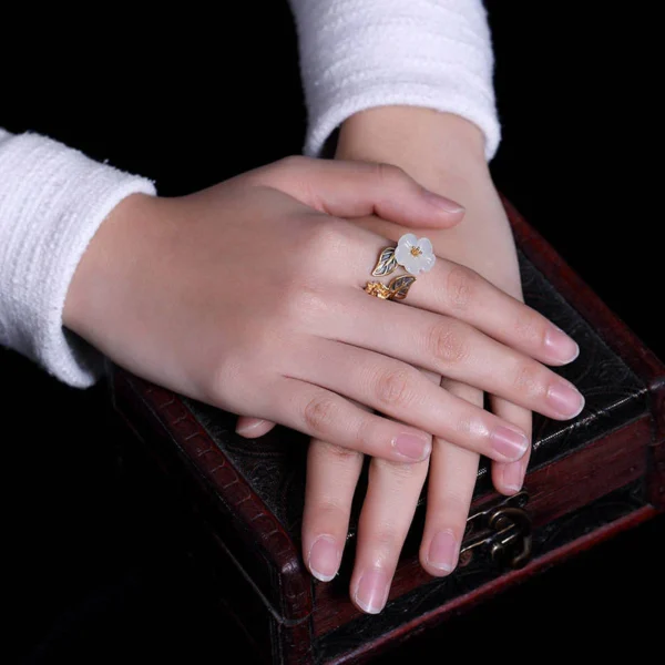 925 Silver Plated Copper White Jade Plum Flower Leaf Luck Ring