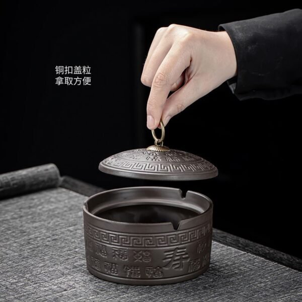 Purple Clay Ashtray with Lid and "Hundred Blessings" Design
