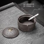 Purple Clay Ashtray with Lid and "Hundred Blessings" Design