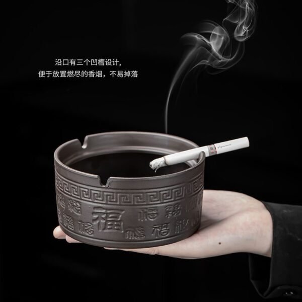 Purple Clay Ashtray with Lid and "Hundred Blessings" Design